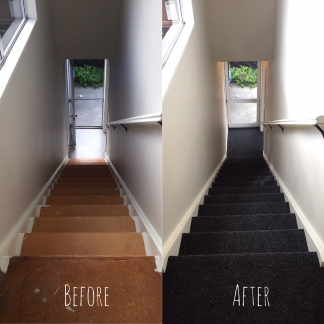 before & after photo of garage carpet installed on stairs