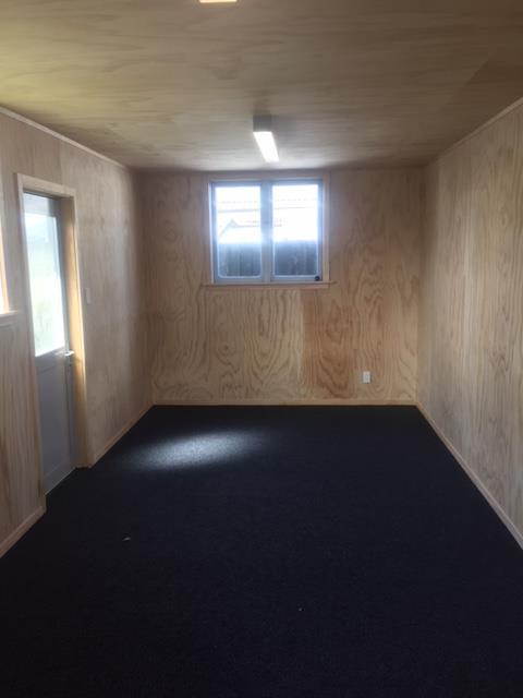 garage with plywood walls with garage carpet on the floor