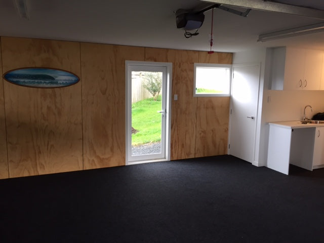 garage with plywood walls with garage carpet